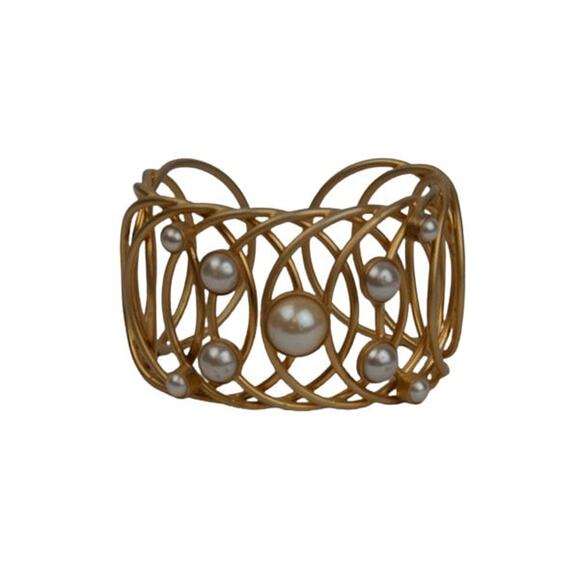 1990s Gold Plate Open Work Intertwined Circles Faux Pearls Wide Cuff Bracelet - Picture 1 of 6